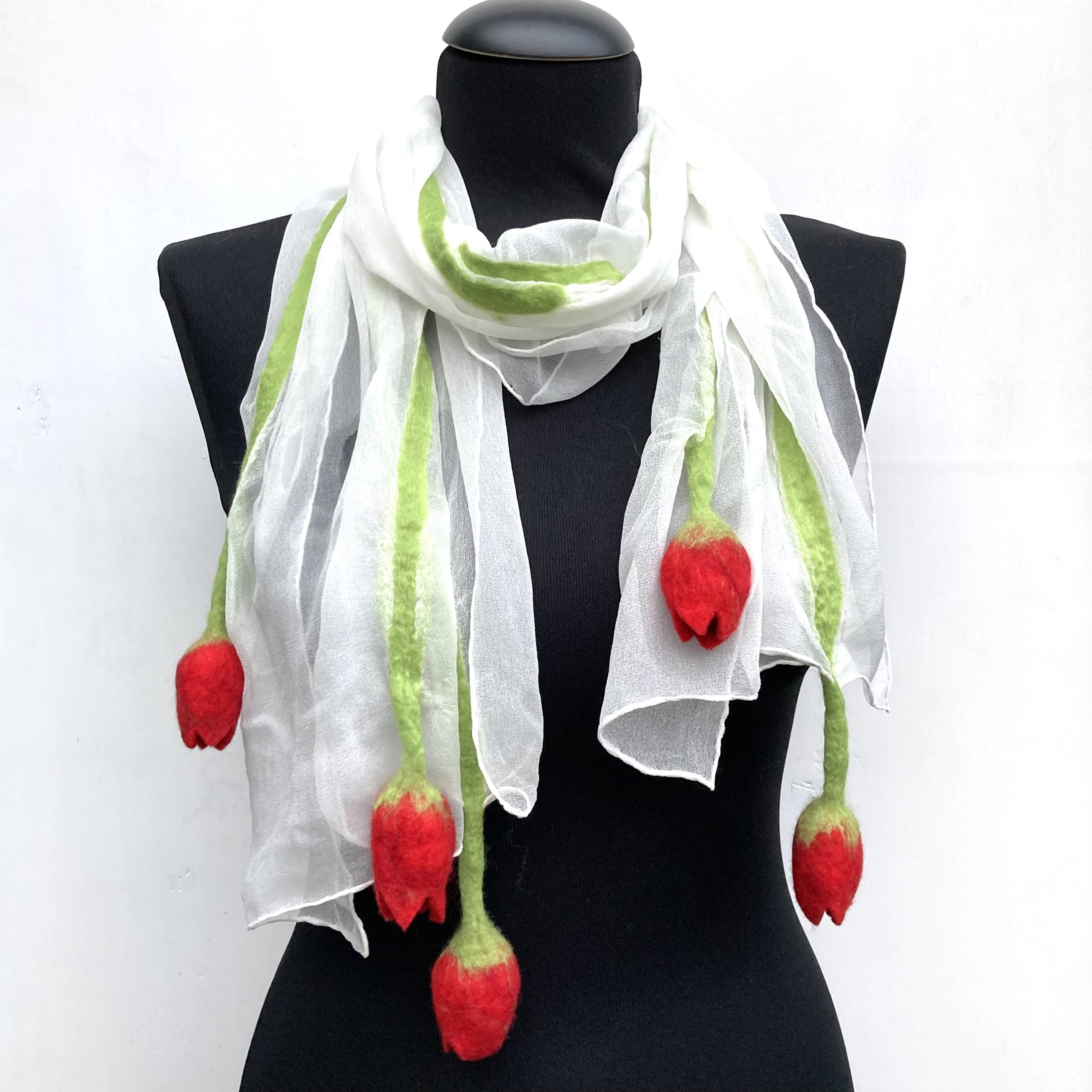 Red felt tulips white silk scarf