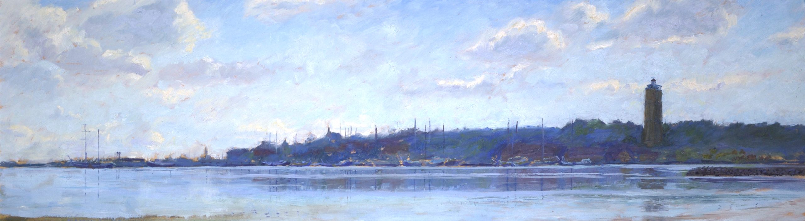 'Spiegelingen West-Terschelling avond', olieverf op paneel, 26 x 90 cm